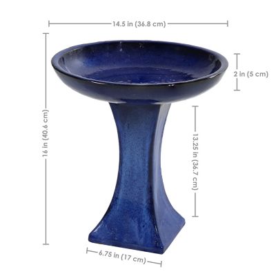 Image showing  Ceramic Bird Bath with Glazed Finish, Blue Glazed Finish, 16 in. H