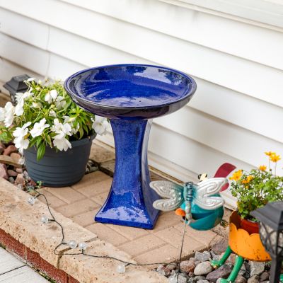 Image showing  Ceramic Bird Bath with Glazed Finish, Blue Glazed Finish, 16 in. H