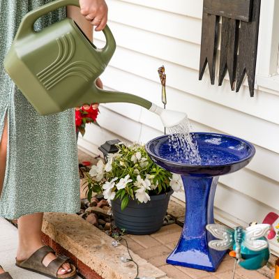 Image showing  Ceramic Bird Bath with Glazed Finish, Blue Glazed Finish, 16 in. H