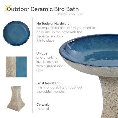 Image showing  Nantes Ceramic Bird Bath with Lava Finish, White Distressed Ceramic Finish, 16 in. H