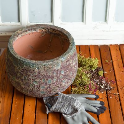 Image showing  Round Lava Finish Ceramic Planter, Green Distressed Ceramic, 14 in. Round