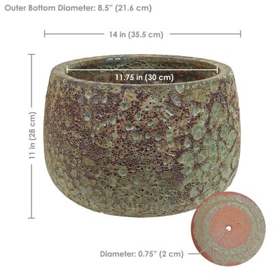 Image showing  Round Lava Finish Ceramic Planter, Green Distressed Ceramic, 14 in. Round