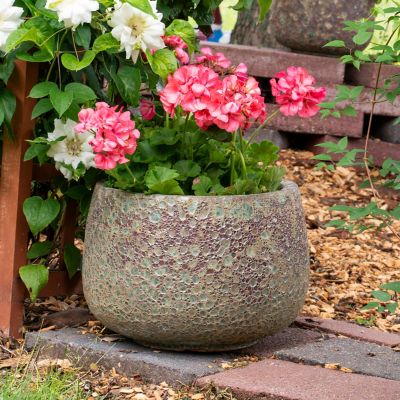 Image showing 7 th Sunnydaze Decor Round Lava Finish Ceramic Planter, Green Distressed Ceramic, 14 in. Round