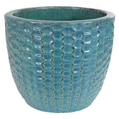 Sunnydaze Decor Raised Hexagon Pattern Glazed Ceramic Planter - Turquoise - 14 in. Round