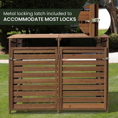 Image showing  Wooden Trash and Recyclables Bin Storage Shed with Dual Front Doors and Hinged Top Lids, HANWS0103-BRN