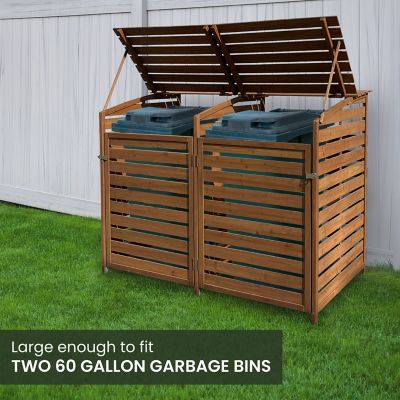 Image showing  Wooden Trash and Recyclables Bin Storage Shed with Dual Front Doors and Hinged Top Lids, HANWS0103-BRN