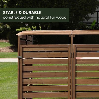 Image showing  Wooden Trash and Recyclables Bin Storage Shed with Dual Front Doors and Hinged Top Lids, HANWS0103-BRN