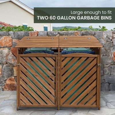 Image showing  Wooden Trash and Recyclables Bin Storage Shed with Dual Front Doors and Hinged Top Lids, HANWS0104-BRN