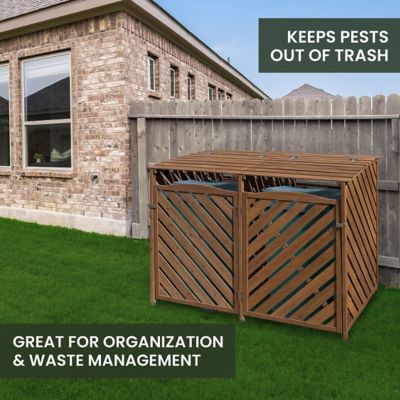 Image showing  Wooden Trash and Recyclables Bin Storage Shed with Dual Front Doors and Hinged Top Lids, HANWS0104-BRN
