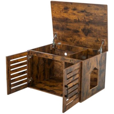 Image showing  Farmhouse Litter Box Enclosure Cat Litter Box Furniture w-Removable Divider Indoor Wooden Cat House & End Table