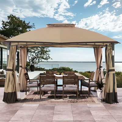 Covered Outdoor 13' x 11' LED Lights Steel Double Roof Soft Top Gazebo Waterproof Canopy and Curtain