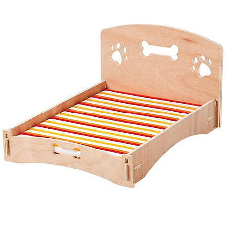 Etna Products Wooden Dog Bed Bone and Footprint Design with Removable Stripe Cushion
