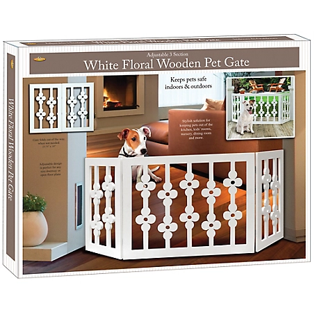Etna Products White Floral Wooden Pet Gate - Freestanding Foldable Adjustable 3-Section Dog Gate