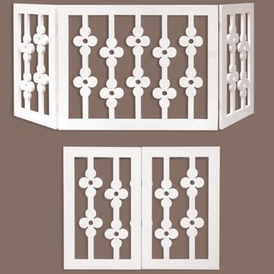 Image showing  White Floral Wooden Pet Gate - Freestanding Foldable Adjustable 3-Section Dog Gate
