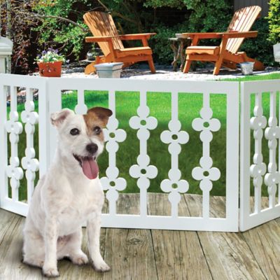 Image showing  White Floral Wooden Pet Gate - Freestanding Foldable Adjustable 3-Section Dog Gate
