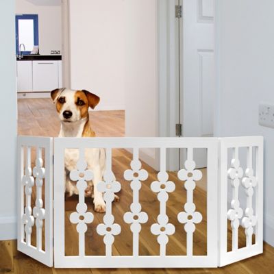 Image showing  White Floral Wooden Pet Gate - Freestanding Foldable Adjustable 3-Section Dog Gate