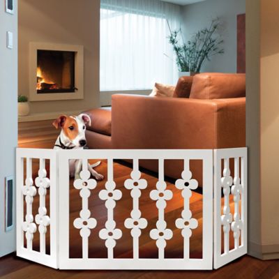 Image showing  White Floral Wooden Pet Gate - Freestanding Foldable Adjustable 3-Section Dog Gate