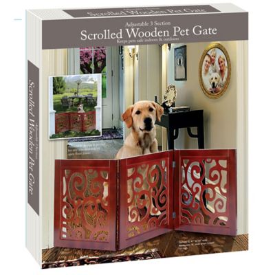 Image showing  Wooden Scroll Design Free Standing Pet Gate. Adjustable Foldable 3 Panel Dog Gate