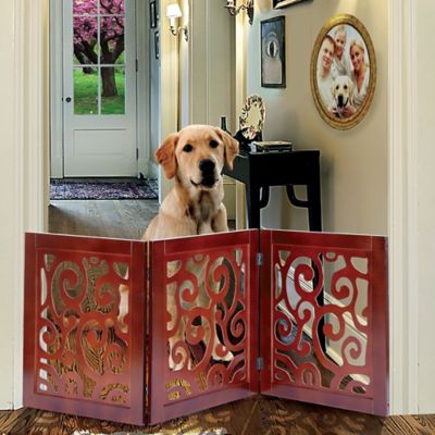 Image showing 6 th Etna Products Wooden Scroll Design Free Standing Pet Gate. Adjustable Foldable 3 Panel Dog Gate