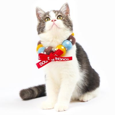 Image showing 2 th TouchCat Pom-Pom Patterned Designer Cat Neck Collar with Chime Bell