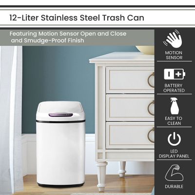 Image showing  3.2-Gallon (12-Liter) Hands-Free Metal Trash Can in Fingerprint-Resistant White with Motion Sensor Lid and Removable Bin