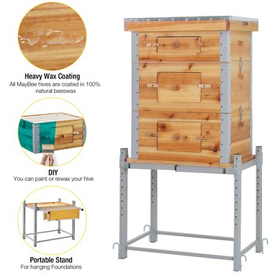 Image showing  Wooden Bee Box with Metal Frame, Beeswax Coating, Large