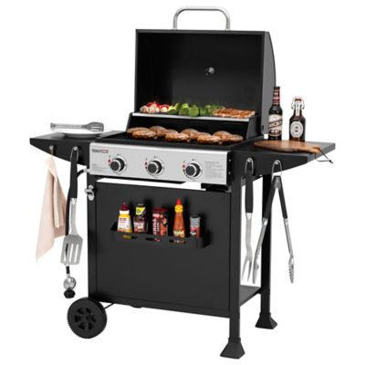 Royal Gourmet 3 Burner BBQ Liquid Propane Gas Grill, Gas Grill with Front Spice Rack, Two Side Shelves and Hooks, GH3001H