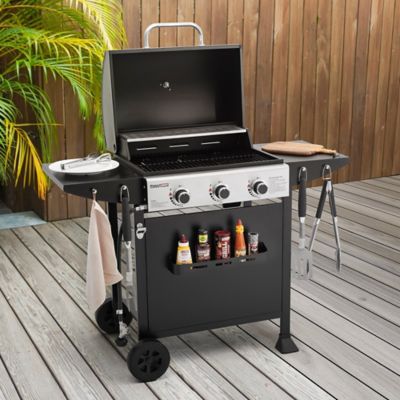 Image showing 9 th Royal Gourmet 3-Burner Propane Gas Grill with Front Spice Rack, 2 Side Shelves and Hooks, Black