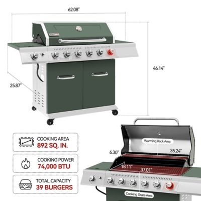Image showing  6-Burner Propane Gas Grill with Cabinet, Olive Green, With Sear and Side Burner
