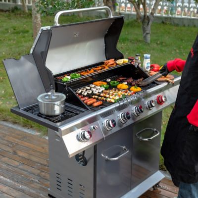 Image showing  5-Burner Deluxe Propane Gas Grill with Cabinet, Gray, With Sear and Side Burner