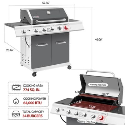 Image showing  5-Burner Deluxe Propane Gas Grill with Cabinet, Gray, With Sear and Side Burner