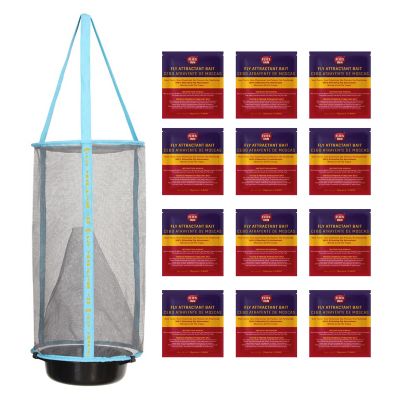 Flies Inn Lite Fly Cage Reusable Outdoor Fly Trap with 12 Attractant Bait Refills, Low Odor, FLLITE1AB10