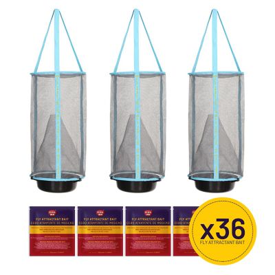 Flies Inn 3 LITE Fly Cage Reusable Outdoor Fly Traps with 36 Attractant Bait Refills, Low Odor