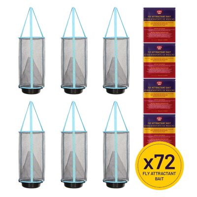 Flies Inn 6 Flies Inn Lite Fly Cage Reusable Outdoor Fly Traps with 72 Attractant Bait Refills, Low Odor