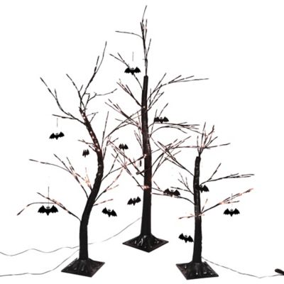 Haunted Hill Farm Set of 3 Halloween Trees with Bats and LED Lights, Orange, Purple