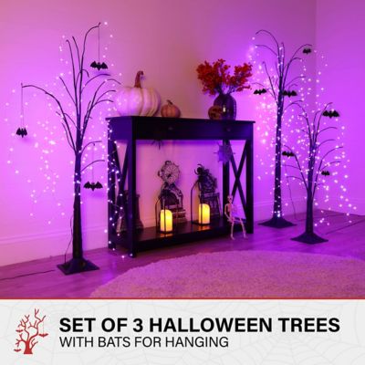 Image showing  Set of 3 Halloween Trees with Bats and LED Lights, Black, Purple