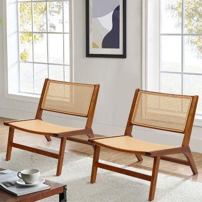 Image showing  Brown Rubberwood with PE Rattan Low Profile Armless Accent Chair, Set of 2