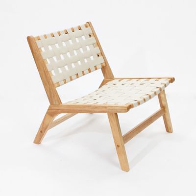 LuxenHome Natural Rubberwood with White Leather Low Profile Armless Accent Chair, Set of 2