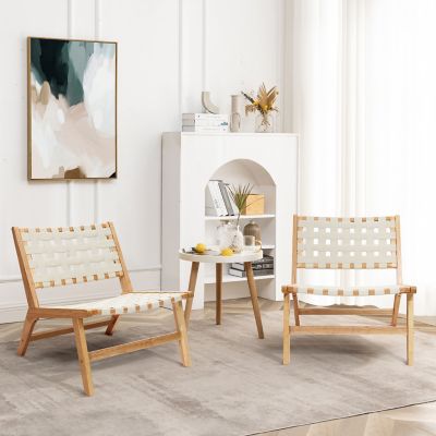 Image showing  Natural Rubberwood with White Leather Low Profile Armless Accent Chair, Set of 2