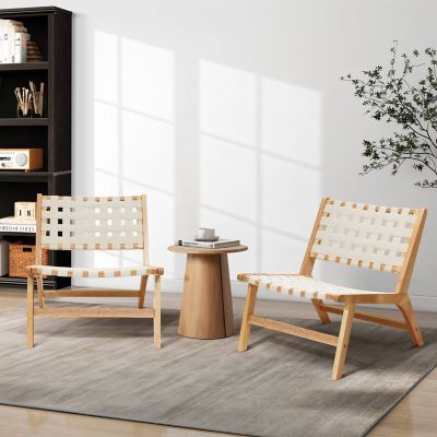 Image showing  Natural Rubberwood with White Leather Low Profile Armless Accent Chair, Set of 2
