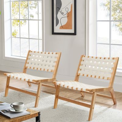 Image showing  Natural Rubberwood with White Leather Low Profile Armless Accent Chair, Set of 2