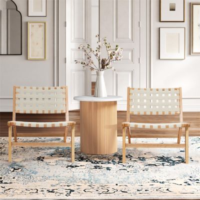 Image showing  Natural Rubberwood with White Leather Low Profile Armless Accent Chair, Set of 2