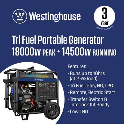 Image showing  18,000/14,500 W Tri-Fuel Portable Generator, CO Sensor, Gas/Propane/Natural Gas