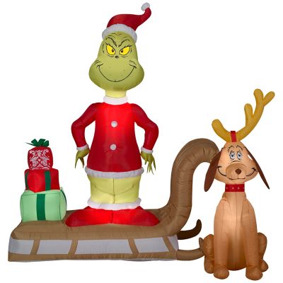 Gemmy Christmas Inflatable Grinch and Max Sled Scene with Gift Stack