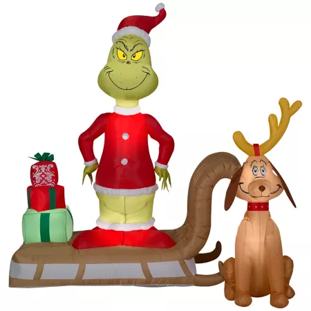 Gemmy Christmas Inflatable Grinch and Max Sleigh Scene with Stack of Gifts Christmas Inflatables