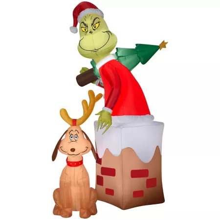 Gemmy Christmas Inflatable Grinch and Max Chimney Scene Christmas Inflatables