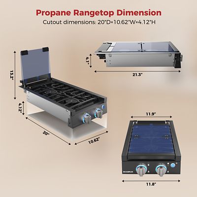 Image showing  Propane Gas 12 in. RV Cooktop 2 Burners Slide-in, Outdoor Rangetop, 13,000 BTU, Black, RGH12IB
