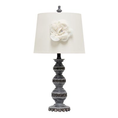 Image showing  Elegant Embellished Table Lamp with Flower Adornment, Linen Shade