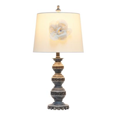 Image showing  Elegant Embellished Table Lamp with Flower Adornment, Linen Shade
