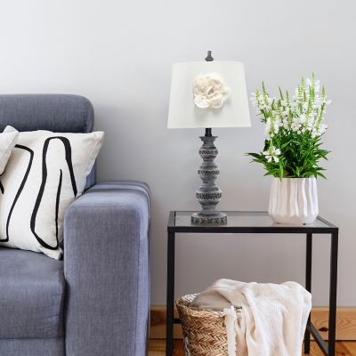 Image showing  Elegant Embellished Table Lamp with Flower Adornment, Linen Shade